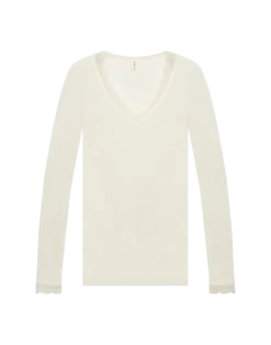 Bluse i merinould/silke med blondekant til kvinder