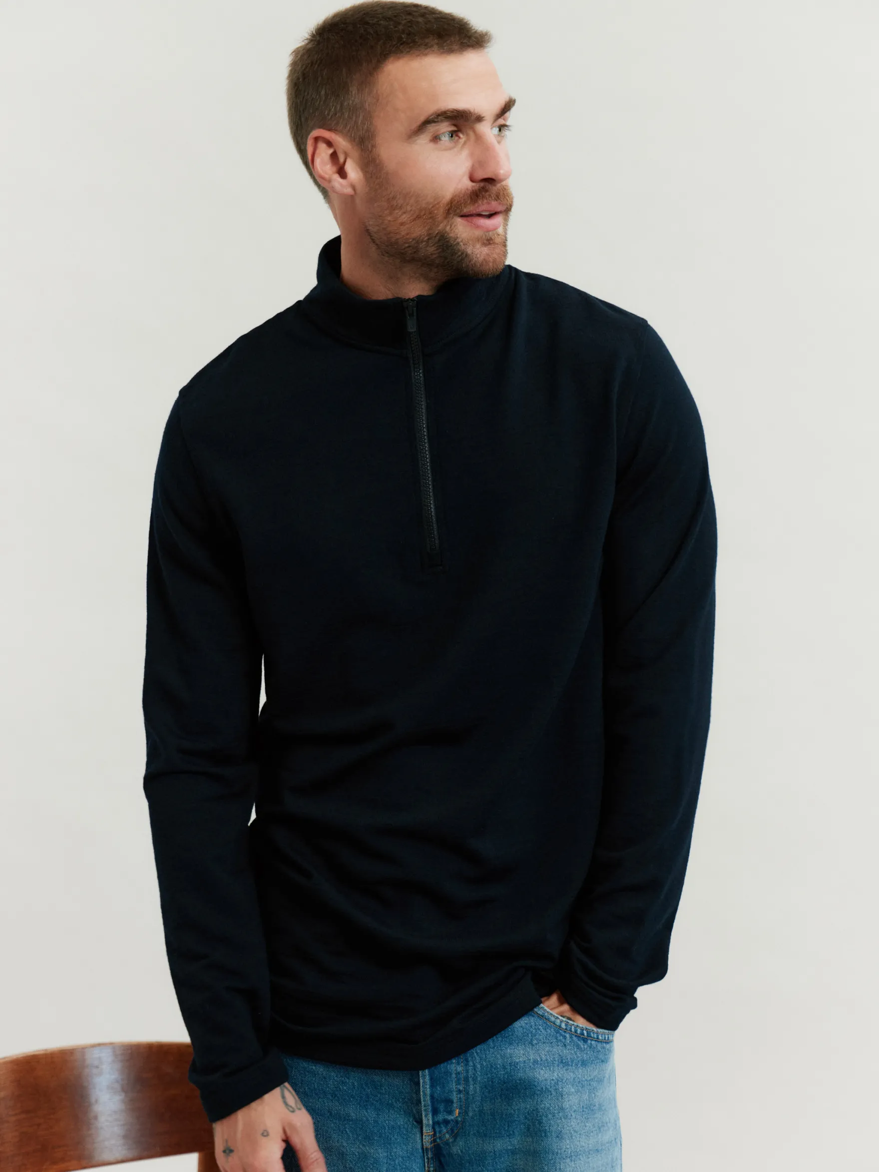 Bluse med half-zip i merinould til mænd