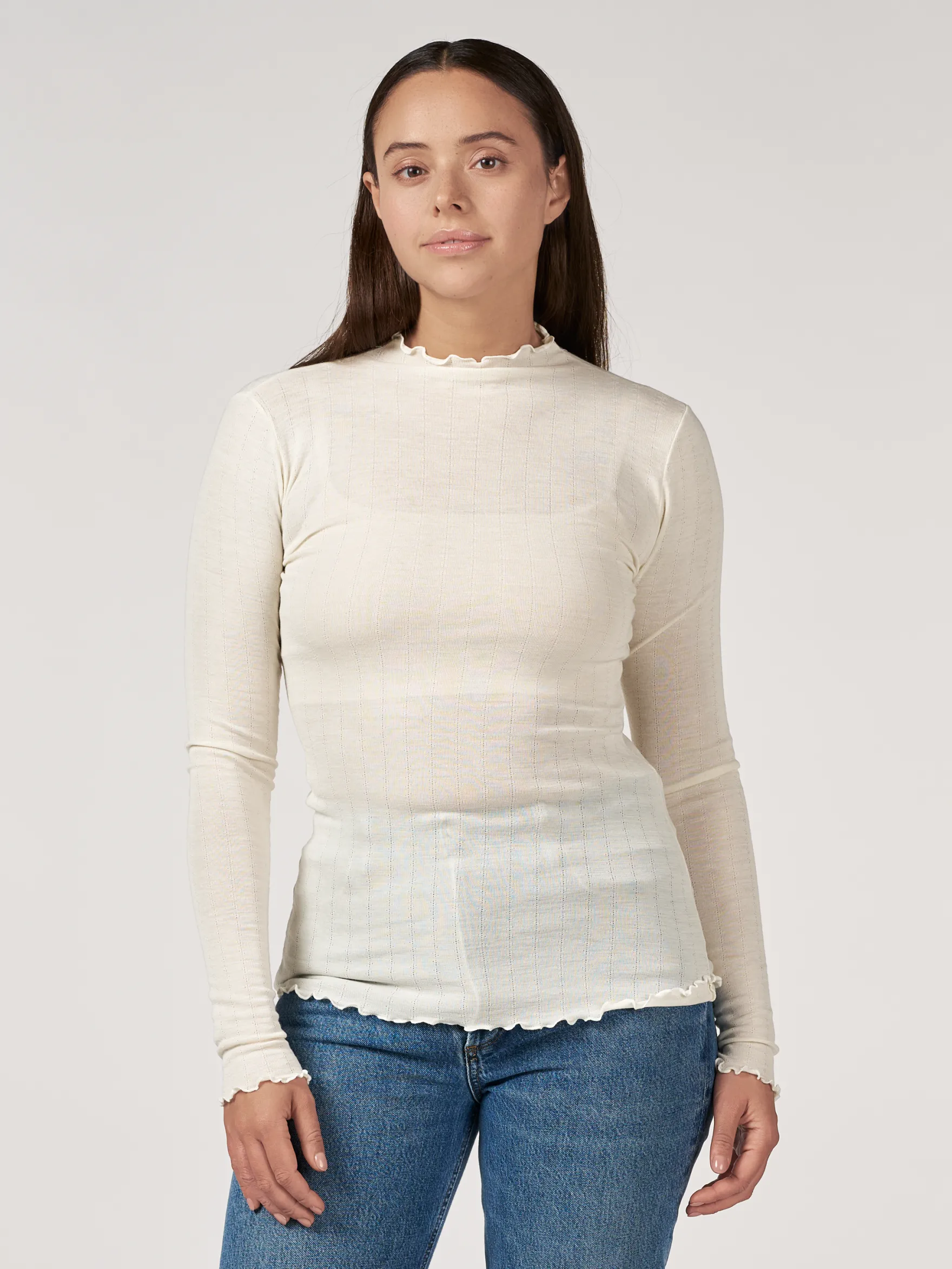 Bluse med hulmønster i merinould/silke til kvinder