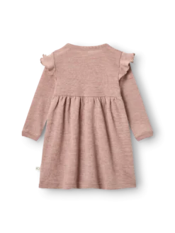 Kjole med flæser i merinould til baby