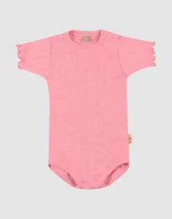 Kortærmet body med hulmønster i merinould/silke til baby