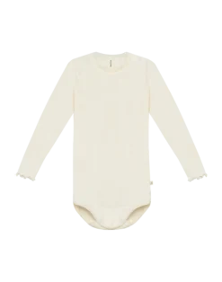 Langærmet body med hulmønster i merinould/silke til baby