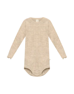 Langærmet body med hulmønster i merinould/silke til baby