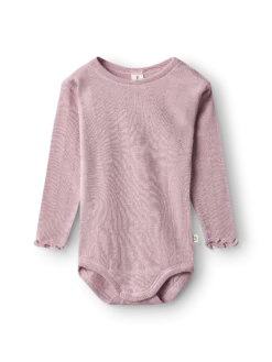 Langærmet body med hulmønster i merinould/silke til baby