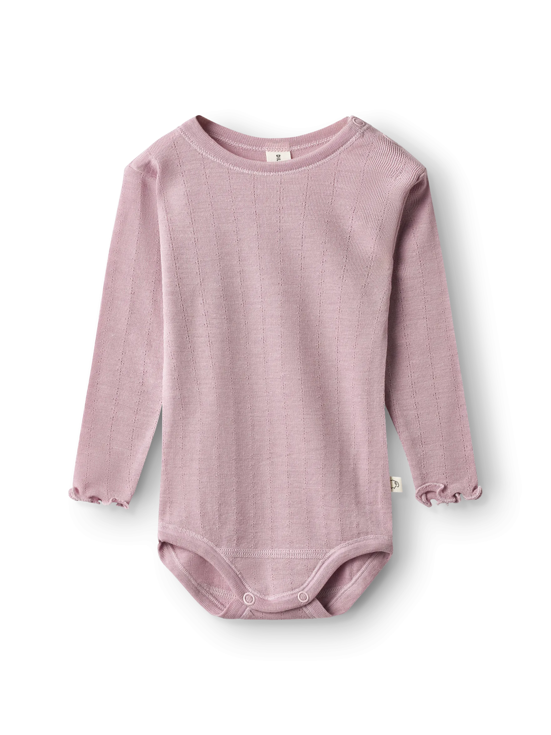 Langærmet body med hulmønster i merinould/silke til baby