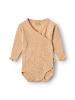 Slå-om body med hulmønster i merinould/silke til baby