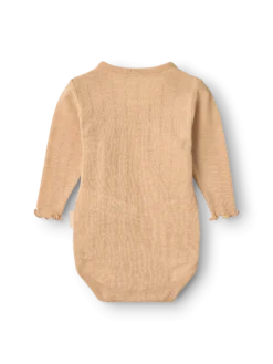 Slå-om body med hulmønster i merinould/silke til baby